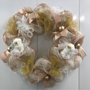 Rose Gold Gnome Deco Mesh Wreath Christmas Iridescent Cream Pink Ornaments Bows